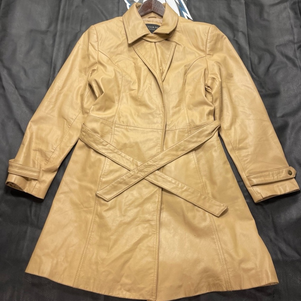 leather womens Trench Coat tan size medium